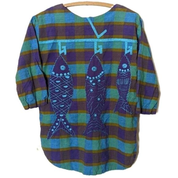 Vintage Fish Embroidered Gingham Checkered Plaid Top Boho Scandi Girl Angelica - Picture 1 of 6